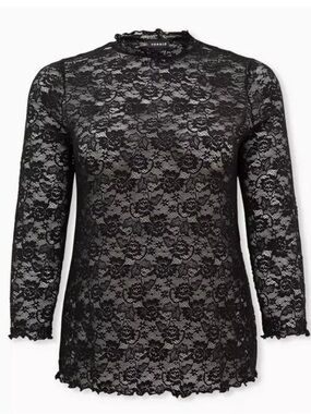 Torrid Black Sheer Lace Turtleneck Lettuce Edge Top
